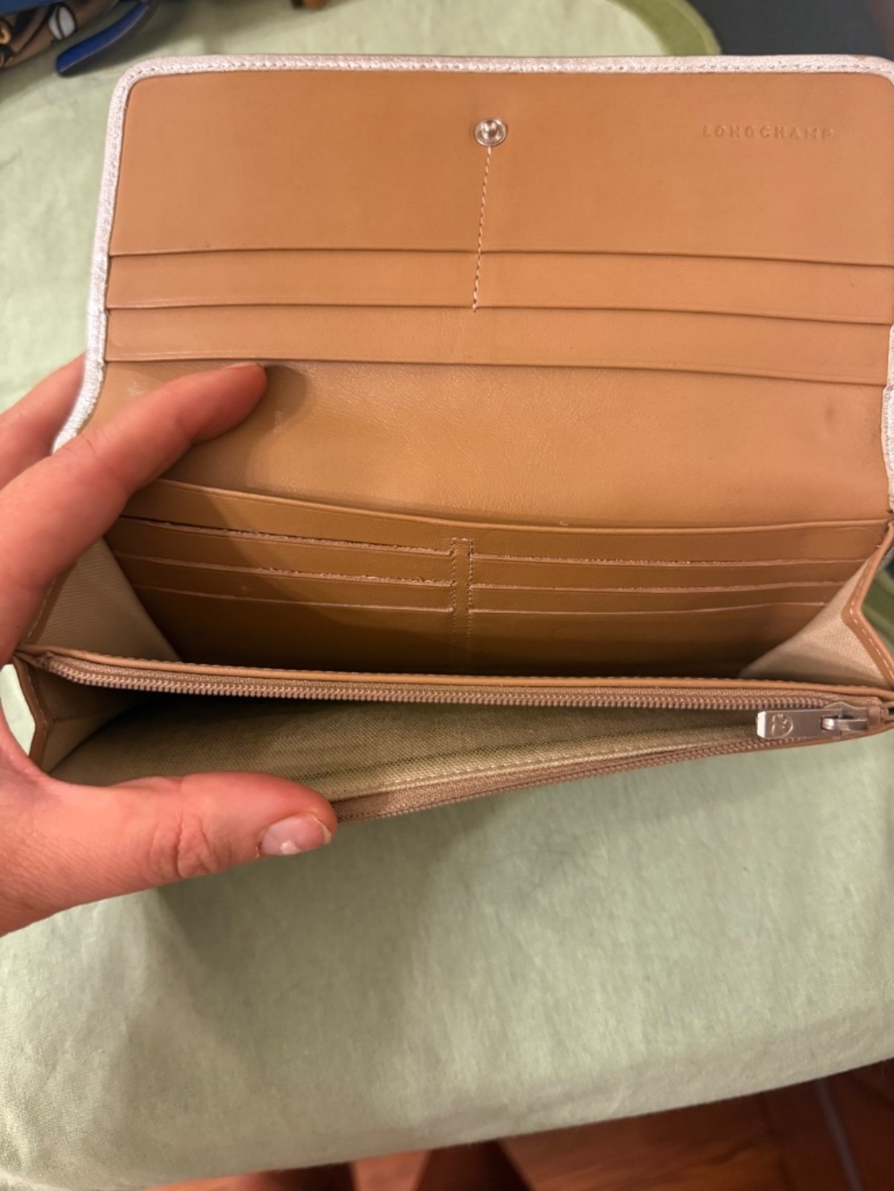Longchamp Embossed Leather Continental Wallet Camel Tan Snap Closure - Picture 3 of 5